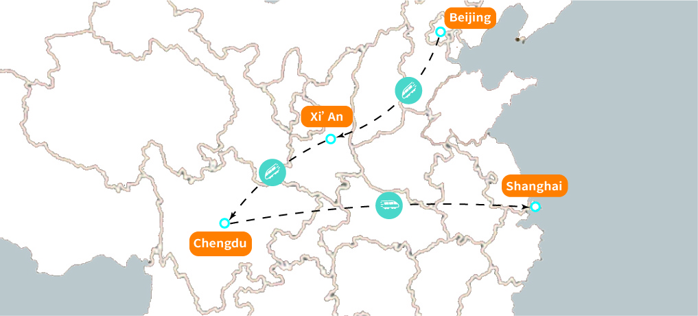 10-Day Beijing, Xi'an, Chengdu and Shanghai Group Tour Map